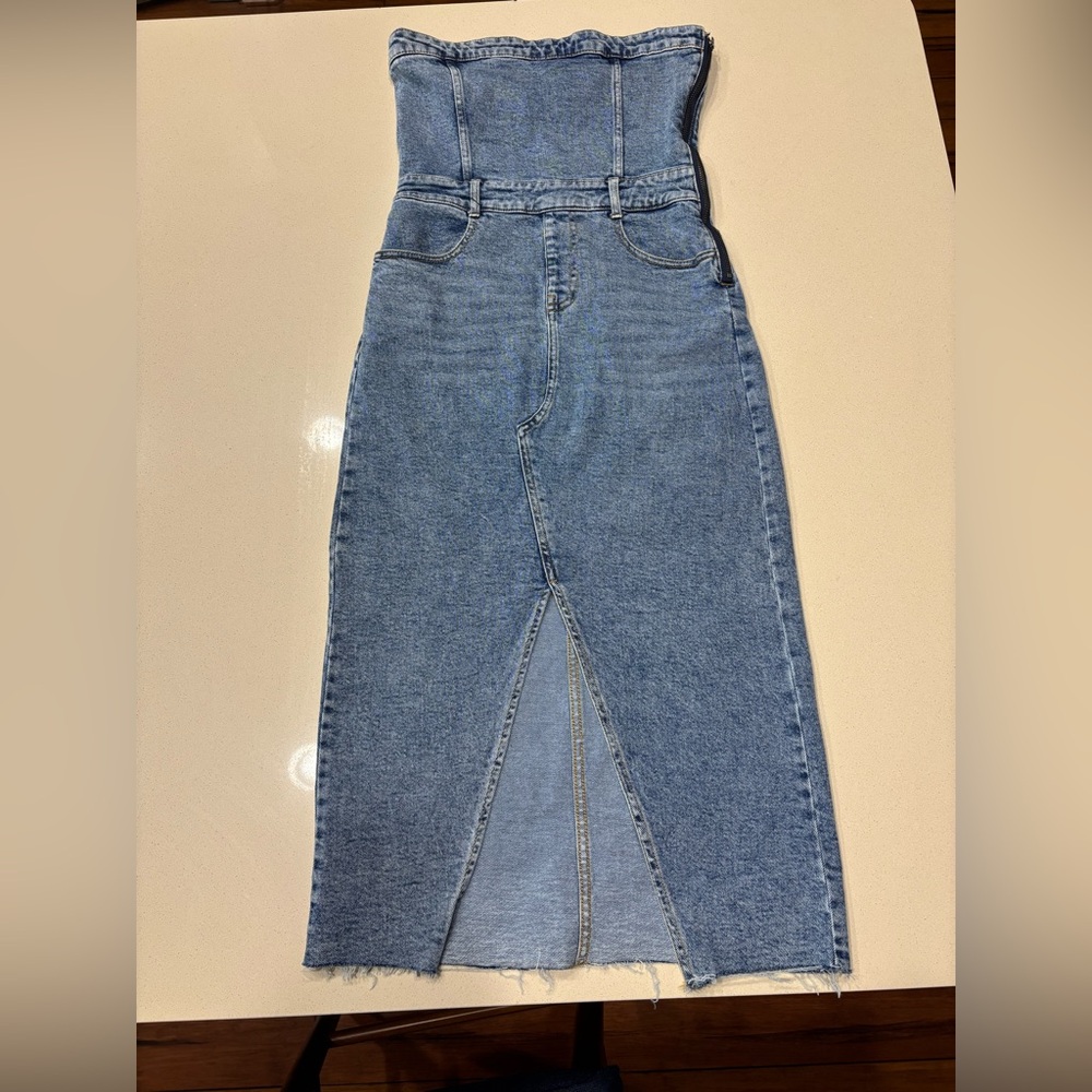 NWT Strapless Denim Slit Midi Dress
